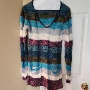 Ultra Flirt Women's V-Neck Striped Sweater - Blue, Purple, White, Large